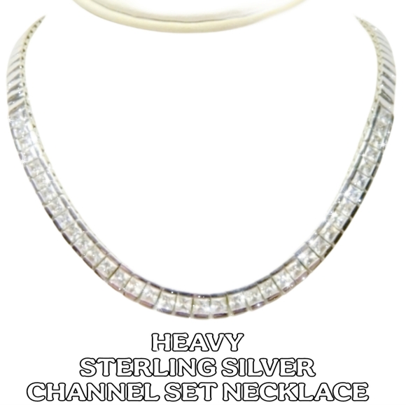 925 Solid Sterling Channel set CZ NECKLACE heavy 35g Gorgeous 😍 signed - Picture 2 of 12